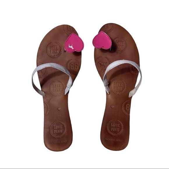 Victoria Secret Love Pink Leather Sandals With Pink Heart Toe Loop - Picture 10 of 10